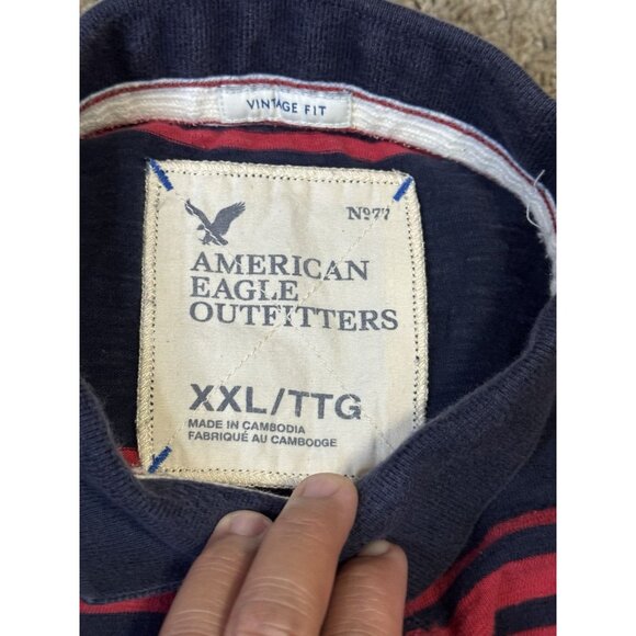 AMERICAN EAGLE Striped Polo Shirt Vintage Fit Rugby Preppy Casual Y2k 90s 2XL - Picture 3 of 7